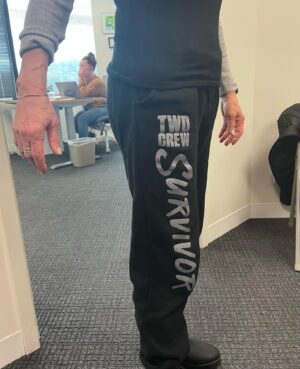 Sharon Bialy Instagram - Best pants to wear to the office on a rainy day @thewalkingdead @amcthewalkingdead @scottmgimple with my partner in crime working away at the #bialythomasandassociates office