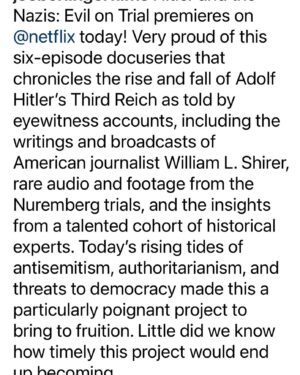 Sharon Bialy Instagram - Premiering on @netflix tonight. So resonant especially today. Beware- change doesn’t happen in a day- it’s slow and gradual. Look around. We cannot let history repeat itself. Thank you @joeberlingerfilms for making this show and showing them he history under the light of a new lens. #documentaries @netflix #nurenbergtrials