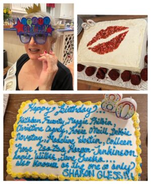 Sharon Gless Instagram - A post from Barney - 

Sharon's faux birthday... given two weeks before the event by her Miami pals, including most of the Miami company of Round Heeled Woman. The two birthday cakes (check out the names on the icing) were supplied by award winning Miami actress Laura Turnbull and the "named cake" was from hostess with the very mostess, Ann Kelley.