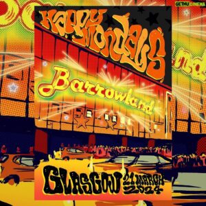 Shaun Ryder Instagram - On the Happy Mondays ‘Been There Done That’ tour we are selling 25 limited edition canvases for each show unique to the date and venue, designed by Cush One   TCB and signed by Shaun and Bez. These will be available on the merch stand at each show. Here’s the three posters for the Glasgow shows starting tonight!! 🥳🕺🏻🪇
.
#HappyMondays #Limitededition #Canvasses #Tour #Livemusic