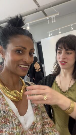 Shini Somara Instagram - So wonderful to meet and chat at length with @estellemburton and @bio.crafted - I was struck by their pioneering work in merging #engineering with #fashion #design and #jewellery (they are not featured in this summary reel - watch out for them in subsequent reels). 

I was also thrilled to have worn and experienced the hard work and creativity of @m.kala_jewellery @antelucemjewels and chatted with Yetunde Abdou from the MA in Innovation Management pop up supper club! We are merging #science and #art here people!!!! 

#steam #lvmhprize @csm_news @innovationmanagement_csm #sustainability