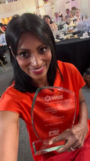 Shini Somara Instagram - Delighted to collect my Women’s Engineering Society #WE50 award today! Meaning I am on the Top 50 Women in Engineering UK List for 2024! It took 20 years to pluck up the courage to go for this award - don’t take as long as I did to believe in yourself! #enhancedbyengineering #womeninengineering #inwed @womensengsoc #representationmatters