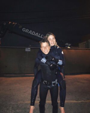 Skyler Gisondo Instagram - My night-time lobster divin’ partner 🦐 (fun fact about Ari - she has had iron man laser eyes in every photo that has ever been taken of her with flash since her birth)