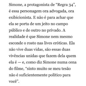 Sol Miranda Instagram - Olha quem foi aplaudida de pé pelo bonequinho do O Globo ☺️

Ainda estamos em cartaz com Regra 34 (@regra34ofilme) com direção de Júlia Murat (@instajuliamurat )e eu espero por vcs nas salas de cinema espalhadas pelo Brasil. 

Obrigada, André Miranda, e toda equipe Globo por essa linda matéria. Tô com o coração quentinho e feliz de ver o reconhecimento de toda dedicação que foi dada ao filme. 💛 

Agradecimentos especiais: Assessoria: @aleassessoria 
Assessoria Regra 34: @primeiroplanocom