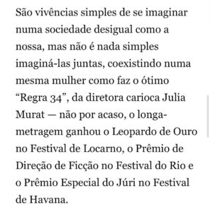 Sol Miranda Instagram - Olha quem foi aplaudida de pé pelo bonequinho do O Globo ☺️

Ainda estamos em cartaz com Regra 34 (@regra34ofilme) com direção de Júlia Murat (@instajuliamurat )e eu espero por vcs nas salas de cinema espalhadas pelo Brasil. 

Obrigada, André Miranda, e toda equipe Globo por essa linda matéria. Tô com o coração quentinho e feliz de ver o reconhecimento de toda dedicação que foi dada ao filme. 💛 

Agradecimentos especiais: Assessoria: @aleassessoria 
Assessoria Regra 34: @primeiroplanocom