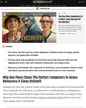 Sonya Belousova Instagram - 4 hours long?! YESSSSSSSS!!! Thank you @owendanoff & @screenrant for sharing this fun story!! We covered ALOT of ground in the full interview but this clip is pretty hilarious:
 
“The @onepiecenetflix Soundtrack Is 4 Hours Long (Because Of The Witcher). Why One Piece Chose The Perfect Composers In Sonya Belousova & Giona Ostinelli”

https://screenrant.com/one-piece-soundtrack-4-hours-long-because-witcher/

#onepiece #onepiecenetflix #onepieceliveaction