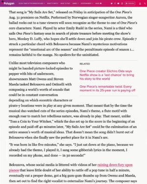 Sonya Belousova Instagram - If you haven’t read this awesome story on @polygondotcom yet, I wanted to share it with with all of you. It offers an insight into my creative process behind #MySailsAreSet feat. @auroramusic and how this song came together 🎶🏴‍☠️

https://www.polygon.com/platform/amp/23845202/one-piece-song-aurora-my-sails-are-set-netflix

@onepiecenetflix #onepiece #onepieceliveaction #onepiecenetflix #aurora #nami #luffy @netflix