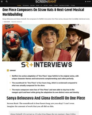 Sonya Belousova Instagram - Giona & I had THE BEST time chatting with @owendanoff from @screenrant all things @onepiecenetflix! Our 4-hour long soundtrack album, how every theme, motif, or instrument is all part of the plan and nothing is ever accidental, how the storytelling on screen is amplified by the music storytelling, being fans of One Piece, and how we approached the music world building for this universe, working with @auroramusic and @marcin.music, and so much more! ENJOY xx!! ❤️🏴‍☠️❤️

https://screenrant.com/one-piece-netflix-composers-sonya-belousova-giona-ostinelli-interview/

#onepiece #onepiecenetflix #onepieceliveaction