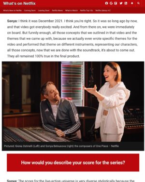 Sonya Belousova Instagram - What a fun interview!! So much love and laughter! Loooooooved chatting with What’s On Netflix!❤️ While waiting for the series and the soundtrack to drop tomorrow, find out more about the character themes and instrumentation, and how we approached the music world building for @onepiecenetflix! 🎶 I also love these pictures, we look good when we get out of our pajamas 😂😂

https://www.whats-on-netflix.com/news/interview-with-netflixs-one-piece-composers-sonya-belousova-and-giona-ostinelli/

#onepiece #onepieceliveaction #onepiecenetflix
