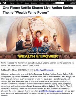 Sonya Belousova Instagram - Thanks for all the love! ❤️🏴‍☠️

“Wealth Fame Power” from the official @onepiecenetflix soundtrack by Sonya Belousova & Giona Ostinelli is available NOW on every platform. Link in bio. Go on Spotify and start streaming!!! https://netflixmusic.ffm.to/onepiece 

#onepiece #onepiecenetflix #onepieceliveaction @netflix #luffy #wealthfamepower