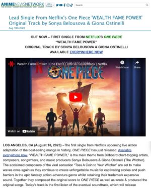 Sonya Belousova Instagram - Thanks for all the love! ❤️🏴‍☠️

“Wealth Fame Power” from the official @onepiecenetflix soundtrack by Sonya Belousova & Giona Ostinelli is available NOW on every platform. Link in bio. Go on Spotify and start streaming!!! https://netflixmusic.ffm.to/onepiece 

#onepiece #onepiecenetflix #onepieceliveaction @netflix #luffy #wealthfamepower