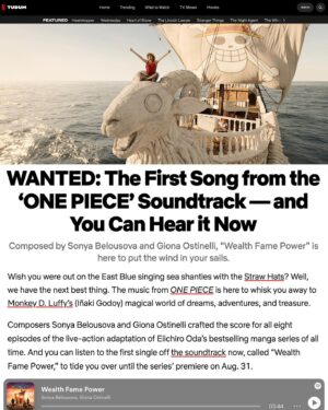 Sonya Belousova Instagram - Thanks for all the love! ❤️🏴‍☠️

“Wealth Fame Power” from the official @onepiecenetflix soundtrack by Sonya Belousova & Giona Ostinelli is available NOW on every platform. Link in bio. Go on Spotify and start streaming!!! https://netflixmusic.ffm.to/onepiece 

#onepiece #onepiecenetflix #onepieceliveaction @netflix #luffy #wealthfamepower