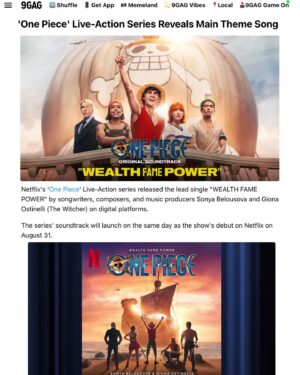 Sonya Belousova Instagram - Thanks for all the love! ❤️🏴‍☠️

“Wealth Fame Power” from the official @onepiecenetflix soundtrack by Sonya Belousova & Giona Ostinelli is available NOW on every platform. Link in bio. Go on Spotify and start streaming!!! https://netflixmusic.ffm.to/onepiece 

#onepiece #onepiecenetflix #onepieceliveaction @netflix #luffy #wealthfamepower
