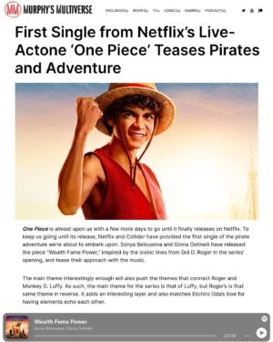 Sonya Belousova Instagram - Thanks for all the love! ❤️🏴‍☠️

“Wealth Fame Power” from the official @onepiecenetflix soundtrack by Sonya Belousova & Giona Ostinelli is available NOW on every platform. Link in bio. Go on Spotify and start streaming!!! https://netflixmusic.ffm.to/onepiece 

#onepiece #onepiecenetflix #onepieceliveaction @netflix #luffy #wealthfamepower
