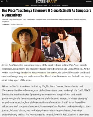 Sonya Belousova Instagram - BIG BIG BIG NEWS ALERT #1! Giona & I are the composers, songwriters & music producers for One Piece live action adaptation of the best selling manga series in history. August 31st on Netflix. Huge thank you @cinemattic1, @stevemaeda, @netflix, & Tomorrow Studios for your trust and for being the best partners in crime. Link in bio, read for more info, more updates coming your way very soon. Like really soon! Promise! 🏴‍☠️

BIG BIG BIG NEWS ALERT #2! Giona & I signed a record deal with Sony @sonymasterworks and our solo record “A Mighty Heart Beating Like A Drum” is dropping this Fall featuring extraordinary guest artists: @serjtankian, @tarjaofficial, @sophiajamesmusic, @daniel_laskiewicz of @badwolvesofficial and @marcin.music. Wanna hear me sing? Want more of the Toss A Coin vibe? Want to take an adventure with us? Don’t miss this!! 📀

I CAN’T WAIT PEOPLE! I’m so over the moon!!!! GUM GUM AWESOMENESS!!!!

#onepiece #onepiecenetflix