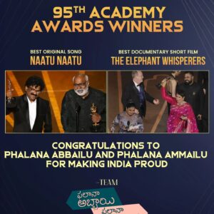 Srinivas Avasarala Instagram - Team #PAPA congratulating Team @RRRMovie 
& Team #ElephantWhisperers for winning Oscar's and making 
India Proud🇮🇳👏

#Oscar    
#AcademyAwards2023 
#NaatuNaatuForOscars 

@ssrajamouli @mmkeeravaani 
@tarak9999 @AlwaysRamCharan