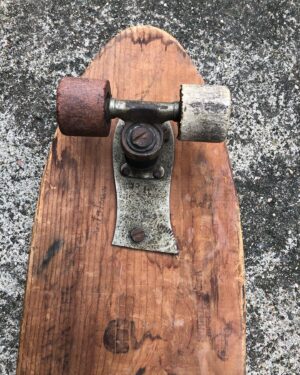 Stacy Peralta Instagram - I built this board at age 11 or 12, it’s composed of jig-sawed pine, trucks and wheels pried off a roller skate boot and loose ball bearings.  We often rode the banked walled playgrounds of Paul Revere, Kenter and Bellagio schools and we were always alone, we never ever saw other skaters but we’d see evidence of clay wheels left behind.  Alva and Adams certainly rode those schools but our paths wouldn’t cross till we were 14.  This was skateboarding’s dark ages when very few if any skated and getting to those schools required a ride from parents as they were several miles away so Mar Vista Elementary became our go to spot because it was within a mile and had a great left-right banked wall combo.  We were continually kicked out of MV and realized if we wanted to skate it and we did then we’d have to skate it at night.  There was one winter night where my 3 friends and I set off for it.  I remember the freedom of soaring down the sidewalks through the quiet neighborhoods and feeling the friction of our clay wheels battling the pavement.  Clay wheels are an unforgiving medium similar to lathed rocks and if you wanted to skate and we did, then you rode wheels that were the composition of hard cement.  We all dressed the same; Levi’s, Vans and button down Pendletons for warmth.  This one night in particular stands out because even at the age of 12 I knew that the four of us, all riding our homemade boards might be the only kids on earth skateboarding at that very moment and when I look back today I still think we may have been the only kids on skateboards riding down a sidewalk some place on earth at that very moment in time.