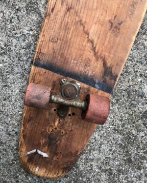 Stacy Peralta Instagram - I built this board at age 11 or 12, it’s composed of jig-sawed pine, trucks and wheels pried off a roller skate boot and loose ball bearings.  We often rode the banked walled playgrounds of Paul Revere, Kenter and Bellagio schools and we were always alone, we never ever saw other skaters but we’d see evidence of clay wheels left behind.  Alva and Adams certainly rode those schools but our paths wouldn’t cross till we were 14.  This was skateboarding’s dark ages when very few if any skated and getting to those schools required a ride from parents as they were several miles away so Mar Vista Elementary became our go to spot because it was within a mile and had a great left-right banked wall combo.  We were continually kicked out of MV and realized if we wanted to skate it and we did then we’d have to skate it at night.  There was one winter night where my 3 friends and I set off for it.  I remember the freedom of soaring down the sidewalks through the quiet neighborhoods and feeling the friction of our clay wheels battling the pavement.  Clay wheels are an unforgiving medium similar to lathed rocks and if you wanted to skate and we did, then you rode wheels that were the composition of hard cement.  We all dressed the same; Levi’s, Vans and button down Pendletons for warmth.  This one night in particular stands out because even at the age of 12 I knew that the four of us, all riding our homemade boards might be the only kids on earth skateboarding at that very moment and when I look back today I still think we may have been the only kids on skateboards riding down a sidewalk some place on earth at that very moment in time.
