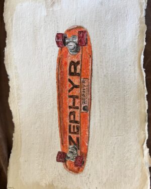 Stacy Peralta Instagram - I’ve been drawing for a large part of my life, mostly abstract, black ink on white paper. A little over a year ago a close friend, Mike Shine, a very talented artist/painter, inspired me to pick up the brush and move paint on canvas, so I jumped in. I’m enjoying the process as it’s very meditative and technical. My girlfriend suggested I paint some of the historic boards from my collection and this is my first attempt. Some of these boards have been sitting in darkness in my attic for decades, some so old they’re beginning to decompose. Perhaps this is the opening run for the next stage of their lives.