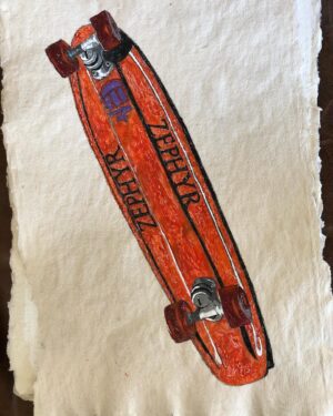Stacy Peralta Instagram - I’ve been drawing for a large part of my life, mostly abstract, black ink on white paper. A little over a year ago a close friend, Mike Shine, a very talented artist/painter, inspired me to pick up the brush and move paint on canvas, so I jumped in. I’m enjoying the process as it’s very meditative and technical. My girlfriend suggested I paint some of the historic boards from my collection and this is my first attempt. Some of these boards have been sitting in darkness in my attic for decades, some so old they’re beginning to decompose. Perhaps this is the opening run for the next stage of their lives.