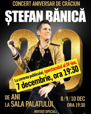 Ștefan Bănică Jr. Instagram - Mă bucur să vă anunț că cererea mare din partea publicului ne-a făcut, și anul acesta, să suplimentăm numărul concertelor de Crăciun din București, de la Sala Palatului. Așa că vom susține și al 4-lea concert de Crăciun pe 7 DECEMBRIE, ora 19:30. Vom sărbători împreună 4 seri la rând aniversarea celor 20 DE ANI DE CONCERTE DE CRĂCIUN. Vor fi concertele cu cele mai multe surprize și cu cei mai mulți INVITAȚI SPECIALI pe care i-am avut până acum, așa cum merită o sărbătoare la 20 de ani. Aveți idee cam cine ar fi invitații și câți vor fi? Lăsați-mi un mesaj! 😘
🎄🎁🎊 detalii - link in bio & story