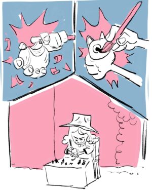 Stephanie Garcia Rizo Instagram - I made a zine comic in @novacommunityarts Riso Print class last summer. It was so much fun making up this story~ and how these two flirt with each other hehe- a few panels are missing for the ending but i’ll post them up soon! I’m have a limited physical copies of this Zine at Lightbox expo :)) ✨✨✨✨ 

#art #animation #drawing #sketch #alebrijes #lgbt #zine #charaterdesign #risoprint #mexico #arte #dibujodigital #elcrush