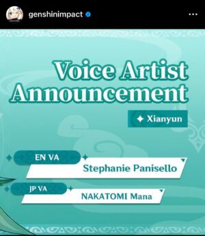 Stephanie Panisello Instagram - I can finally share that “ONE” is indeed the voice of Cloud Retain… I mean Xianyun in Genshin Impact! This beloved character is back and better than ever as a playable character!! I cannot wait for you guys to see and hear all the tea she has to spill and the rich stories she’s sure to share! 

What do you hope to see from her? Any stories you hope she shares? Any inventions or recipes you’d like to see from her? 

Ahhh!!! I’m just so glad I can finally say I’m her! And I will be celebrating her release with a LIVE autograph signing drawn by an incredible artist! More on that soon! For now let’s celebrate the news! 🎉🎉🎉
.
.
.
.

#cloudretainer #xianyun #voiceactress #voiceactor #genshinimpact #genshinfandom #lanternrite #lanternritegenshin #xianyungenshinimpact #cloudretainerhumanform #playablecharacter #videogame #videogames #releasedate #itsofficial #ganyumommy #shenhemommy #cloudretaineredit #xianyunfanart #cloudretainerfanart #actress #voice #english #genshinfanart #genshinimpactedit #genshinedit
