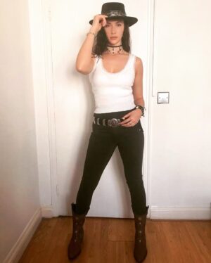 Stephanie Tripp Instagram - Thank you so much @taloloboots for my festival cowboy boot wellies, designed by the fabulous @verablack8.
....
Custom hat, choker and cuff bracelet @verablack8
....
#fashion #festivalclothes #festivalfashion #cowboyboots #boots #wellies #countrylife #country #festivals #accessories #festivaloutfit #dogwalk #dogwalking #cowgirl
