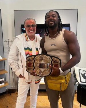 Stephon Strickland Instagram - Thank you to my Friend the @aew Champion @swerveconfident from coming to support my Art & jackets pop-up in Orlando. Thank you to @bulldogmike007 & @bangolufsen Orlando for making this Event come to Life. 🙏🏻 To @drenstarr @dussecognac