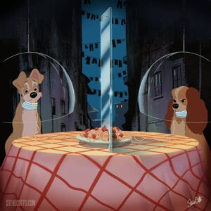 Steve Cutts Instagram - The new normal 😷🍝
.
.
.
.
.
#socialdistancing #covid_19 #coronavirus #finedining #ladyandthetramp #lockdown #staysafe #corona #dinner #restaurant #food #illustration #art #stevecutts