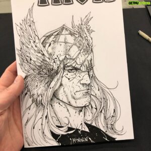 Steve McNiven Instagram - Here’s a battle damaged Thor sketch I did in Montreal! #montrealcomiccon #sketchcover #originalinkdrawing #themightythor #marvelcomics #stevemcniven