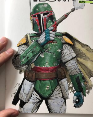 Steve McNiven Instagram - Fett sketch cover drawing completed! I did this with copic pens and markers, some white chalk, black pencil crayon and a bit of white paint. Lots of fun! #bobafett #sketchcover #originalsketch #marvelcomics #lucasfilm #stevemcniven