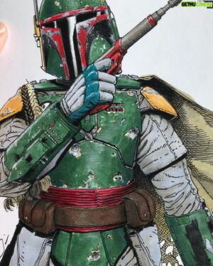 Steve McNiven Instagram - Fett sketch cover drawing completed! I did this with copic pens and markers, some white chalk, black pencil crayon and a bit of white paint. Lots of fun! #bobafett #sketchcover #originalsketch #marvelcomics #lucasfilm #stevemcniven