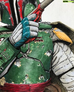 Steve McNiven Instagram - Fett sketch cover drawing completed! I did this with copic pens and markers, some white chalk, black pencil crayon and a bit of white paint. Lots of fun! #bobafett #sketchcover #originalsketch #marvelcomics #lucasfilm #stevemcniven
