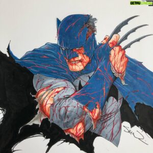 Steve McNiven Instagram - Here’s a battle damaged Batman I just put together in Denver! If you are interested in seeing it, come by my table at @fanexpodenver this weekend! See you there! #batman #battledamaged #originalcomicart #coloursketch #stevemcniven