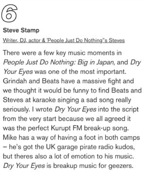 Steve Stamp Instagram - I spoke to @crackmagazine about how perfect ‘Dry Your Eyes’ is and basically how @mikeskinnerltd is a don. Go read the whole article.