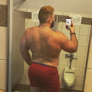 Steven Instagram - New edition of bathroom KWEEN. Guest starring: bacne. #muscle #hairychest #musclebear #gay