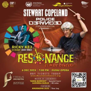 Stewart Copeland Instagram - Can't wait for Dec 6th. We take the stage with the legend Stewart Copeland at the Dubai Opera. Joining us will be the Firdaus Orchestra :-) Tickets available at AquariumOfTheBay.Org/climateconcert
.
.
.
@stewart_copeland @aquariumofthebay @unccd @cop28uaeofficial @dubaiopera @firdausorchestra @firdaus.studio