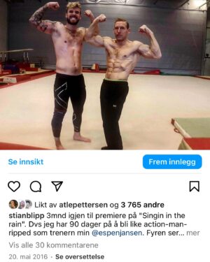 Stian Blipp Instagram - For 8 år siden så trente denne maskinen av et menneske meg opp til å kunne levere akrobatikk i «Singing in the rain». I dag er det reunion for å få fart på noen saltoer i neste generasjons Blipp også! Alltid lek og bevegelsesglede med denne fyren. Klarte tilogmed å klemme avgårde en kveitete muscle-up på siste sliden der.