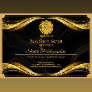 Stilvi Psilopoulou Instagram - My lil bae awarded again! This time for THE BEST SHORT SCRIPT!!! Such a great honor!!! Thank you so much @mykonosfilmfestival 🤍
.
.
.
#mykonos #mykonosfilmfestival 
#depressionhelp #depressionawareness