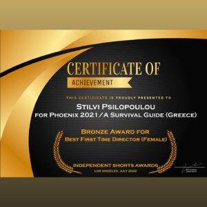 Stilvi Psilopoulou Instagram - Best Women Short & Best First Time Director (Female) 🤍 Thank you @independentshortsawards 

~

Written, Directed & Produced by me.
Director of Photography/ Editor: Gregory Voukalis @grigoris_voukalis 
Cast: Despina Apostolidou @desp_apostolidou, Vassilios Nicolaos Vitsilogiannis @vassiliosvitsilogiannis, Ameli Christogiannopoulou @gogo_gorgoli and me.
Boom Technician: Eirini Balta.
Drone Shots: Vasilis Tsironis.
Sound Engineers: Vasilis Galopoulos, Nikko Chronopoulos.
Foley Artist: Vasilis Galopoulos.
First Assistant Camera: Andreas Stavropoulos @___stavropoulos___ 
Costume Designer: Eleni Nomidi @eleni_nomidis 
Music by: Stefanos Adamis @stefadamis 
Poster by: Nikos Koulaftakis @nickcoolaftakis 
.
.
.
#shortfilm #womenfilmmakers #femalefilmmakers #womandirector #womensupportingwomen #worldpremiere #world