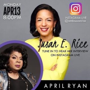 Susan Rice Instagram - Tune in tonight at 8pm ET. I’ll be LIVE talking with @adr1600 about covid response and where we go from here. Bring your questions!