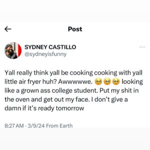 Sydney Castillo Instagram - Hey Air Fryer Andy & Air Fryer Ashley, this message is for u…

Here come all the air fryer cooks