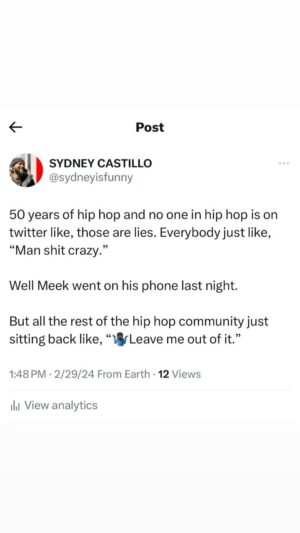 Sydney Castillo Instagram - Nobody saying sh*t! 🧐🧐🧐

Somebody help me out here. 9,000 rappers been to a Diddy party, and don’t nobody know nothing?????

🗣️Don’t none of you Freestyle rappers no nothing huh???

🗣️ I wanna see every rapper that has been to a Diddy party to come to the podium. We got Questions.

I believe Meek. I got a side eye at the other silent 9,000 rappers. 

Share to ur stories so we can get answers.