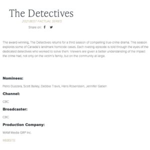 Tammy Gillis Instagram - CONGRATULATIONS to all of the @thecdnacademy nominees on their 2021 Canadian Screen Award nominations! 👏🏻👏🏻👏🏻Especially to @cbc #WAMMediaGrp THE DETECTIVES
💫 Best Factual Series
💫 Best Writing
💫 Best Production Design
Was incredible to be part of such an amazingly talented team!! #TheDetectives #CdnScreenAwards
.
@debbie_travis
@lecuyerjohn
@mrjamestupper
@richarddeklerk
@belford_steve
@stolficomedy
@zacharyamz
@fred_loup
@calemmac
@benoit_mauffette
@bissonnettepatrice
skyguy747