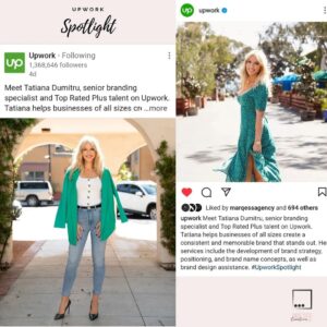 Tatiana Dumitru Instagram - Over 6 years on @upwork as a brand specialist, over 150 projects completed, and a 100% success score 💃

Thank you Upwork for the feature and for all the opportunities you have given me! 

#upworkspotlight 
#upworkfreelancer
#upworksuccess 
#preteecreative 
#brandingexpert
#brandspecialist