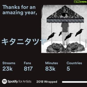 Tatsuya Kitani Instagram - .
キタニ5回目の @spotifyjp まとめ
毎年これ結構楽しみ 今年もだいぶ成長したね 聴いてくれる人も増えたし作りたい曲上手に作れるようになってってるし たまにスランプもあるけどおおむね調子良し

年内にたぶんあと一曲くらいはリリースされると思うけど気長に待っといてください 2023も沢山作品を出すぜ

みんな本当にいつもありがとね〜