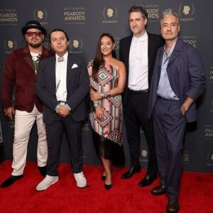 Tazbah Chavez Instagram - I first met @sterlinharjo and @taikawaititi about sixteen years ago when I was interning for @birdrunningh2o at Sundance — years after first meeting him when I was 16 on a film panel for my first short film. Through Bird, Sterlin and Taika instantly became my brothers/sisters and over the years they have been two people who called me what I was before long before I would call myself it: a writer, a poet, an artist, a filmmaker — then they invited me to make @rezdogsfx with them and it’s been the most rez boujiest time of my life alongside our fellow writers, producers, cast and crew. To be honored by @peabodyawards alongside them, presented by badass @kali_ko_reis , is pretty unreal — and a testament to their own perseverance and commitment to bringing others up with ‘em. And selfishly, anytime spent with @paulinaalexisofficial @lanefactor and @bobbydues is simply… blessings! 🪶 🐕 love love love [dress: @byellowtail . m/u: @paintedbypetra . shoes: @happy_brain lemme borrow them . jewels: 6th gen family heirlooms . hair: aveda taught me]