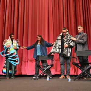 Tazbah Chavez Instagram - 11/4 — Thank you @uclaaisc x @uclaftvarchive for bringing @sterlinharjo and I out to screen @rezdogsfx episodes. As a UCLA alum, it meant a lot to screen our work there. I used to stand at the top of Janss steps and wonder how I was going to make an impact on the world, like ucla makes you believe you can. I would have never dreamt it would be through telling Rez stories with my brother, Sterlin — who I once drank 40s with and read poems to near campus at a time we were both feeling like outsiders in a place like LA. This was one of many full circle moments I had during Native American Heritage Month. What an honor to be blanketed on that stage 🩵💛thank you to @drdavidshorter for moderating a thoughtful conversation and an extra special thank you to @tachiiniiphotography for gifting us with feathers 🥹 appreciate you and all the work you do for the community.