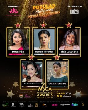 Thasha Krishnakumar Instagram - Announcing the nominees of Most Popular Actress for Malaysian Indian Creative Awards (MICA Awards) 3rd Edition. 

Voting starts tomorrow. Swipe left to find out on how to vote. MICA Awards would like to wish the best for all the nominees.

#micaawards
#mostpopularactress 
#popularawards 
#publicvoting
#publicchoice